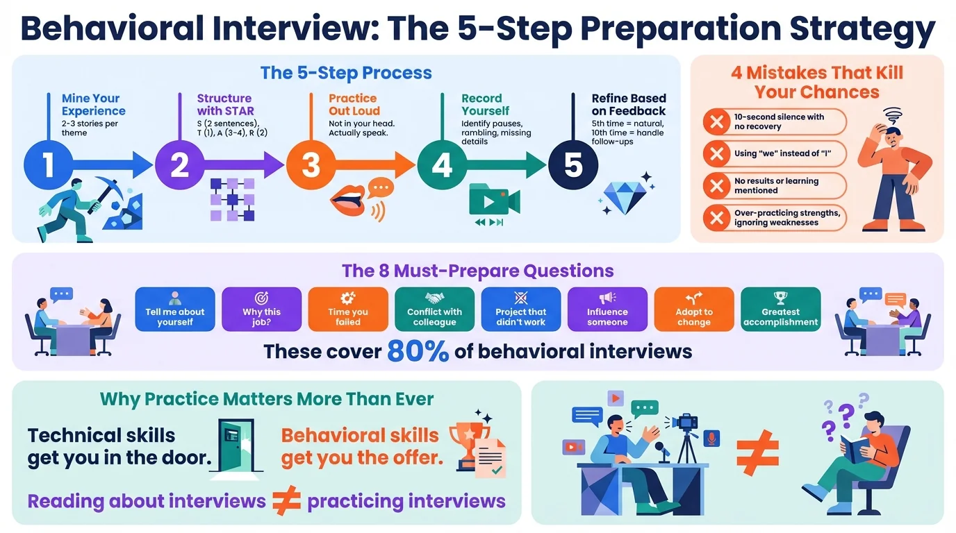 Behavioral Interview 5-Step Preparation Strategy infographic. Step 1: Mine Your Experience — write 2-3 stories for each of the 8 themes. Step 2: Structure with STAR — Situation (2 sentences), Task (1 sentence), Action (3-4 sentences), Result (2 sentences), goal 60-90 seconds. Step 3: Practice Out Loud — not in your head, actually speak it, multiple times until natural. Step 4: Record Yourself — identify pauses, rambling, missing details, unclear structure. Step 5: Refine Based on Feedback — by 5th time it should feel natural, by 10th time you can handle follow-ups. Four mistakes that kill chances: 10-second silence, using 'we' instead of 'I', no results or learning, over-practicing strengths. The 8 must-prepare questions cover 80% of interviews. Technical skills get you in the door, behavioral skills get you the offer.