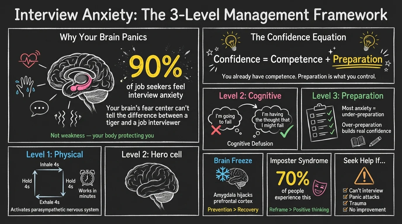 Interview Anxiety 3-Level Management Framework infographic showing why your brain panics during interviews (90% of job seekers experience interview anxiety, the amygdala cannot distinguish social threats from physical danger), the confidence equation (Confidence = Competence + Preparation), and three management levels: Level 1 Physical (box breathing activates parasympathetic nervous system in minutes), Level 2 Cognitive (cognitive defusion reframes 'I'm going to fail' into 'I'm having the thought that I might fail'), Level 3 Preparation (most anxiety stems from under-preparation, over-preparation builds real confidence). Also covers brain freeze (amygdala hijacks prefrontal cortex, prevention beats recovery), imposter syndrome (affects 70% of people, reframing beats positive thinking), and when to seek professional help.