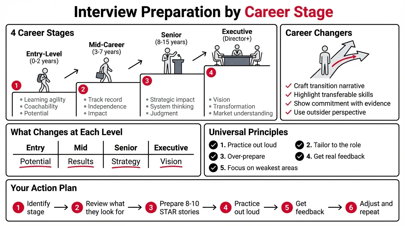 Interview Preparation by Career Stage infographic. Four ascending career levels: Entry-Level (0-2 years) — assessed on learning agility, coachability, potential; Mid-Career (3-7 years) — assessed on track record, independence, impact; Senior (8-15 years) — assessed on strategic impact, system thinking, judgment; Executive (Director+) — assessed on vision, transformation, market understanding. Career Changers: craft transition narrative, highlight transferable skills, show commitment with evidence, use outsider perspective. Universal principles: practice out loud, tailor to the role, over-prepare, get real feedback, focus on weakest areas. Action plan: identify stage, review expectations, prepare 8-10 STAR stories, practice, get feedback, adjust and repeat.
