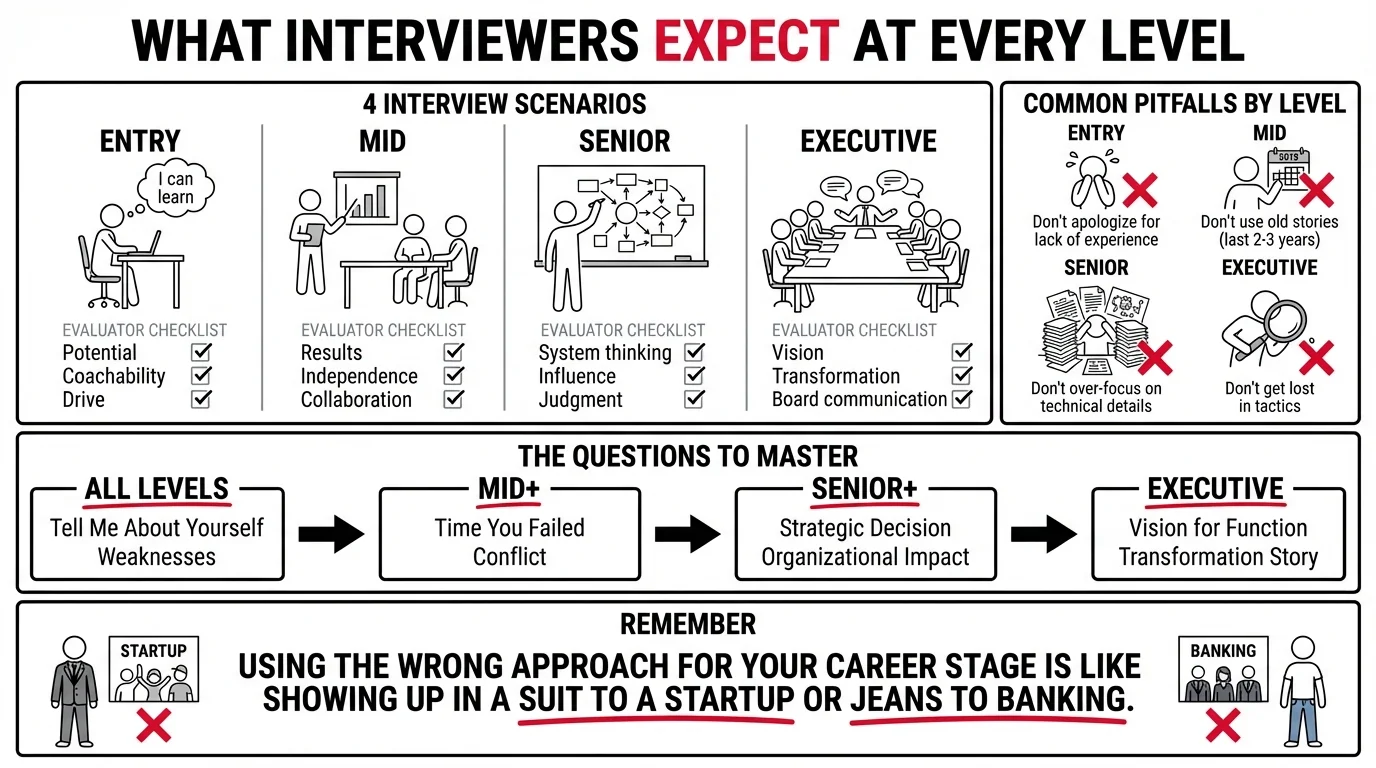 What Interviewers Expect at Every Level infographic. Entry-level: evaluators check potential, coachability, drive — don't apologize for lack of experience. Mid-career: evaluators check results, independence, collaboration — use recent examples from last 2-3 years. Senior: evaluators check system thinking, influence, judgment — lead with business impact not technical details. Executive: evaluators check vision, transformation, board communication — don't get lost in tactical details. Must-master questions vary by level: all levels need Tell Me About Yourself and Weaknesses; mid-level adds Time You Failed and Conflict; senior adds Strategic Decision and Organizational Impact; executive adds Vision for Function and Transformation Story.