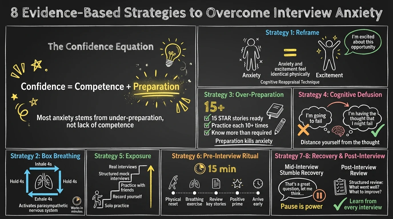 8 Evidence-Based Strategies to Overcome Interview Anxiety infographic. The Confidence Equation: Confidence = Competence + Preparation — most anxiety stems from under-preparation, not lack of competence. Strategy 1: Reframe nervous energy as excitement (anxiety and excitement feel physically identical). Strategy 2: Box Breathing with 4-count cycle (inhale, hold, exhale, hold) activates parasympathetic nervous system. Strategy 3: Over-Preparation with 15 STAR stories, practice each 10+ times. Strategy 4: Cognitive Defusion — reframe 'I'm going to fail' to 'I'm having the thought that I might fail'. Strategy 5: Exposure through progressive practice ladder from solo to real interviews. Strategy 6: Pre-Interview Ritual — 15-minute consistent routine. Strategies 7-8: Mid-interview recovery techniques and post-interview structured review.