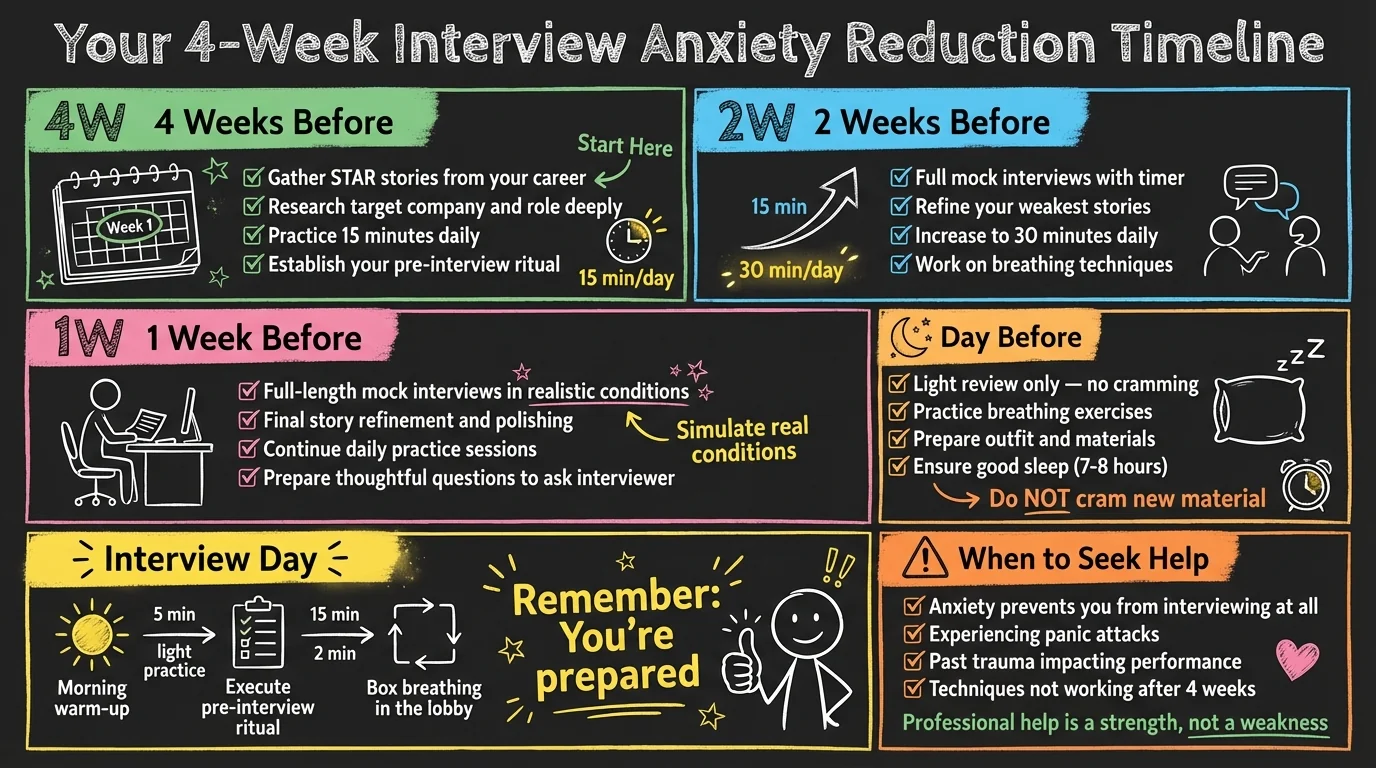 4-Week Interview Anxiety Reduction Timeline infographic. Week 4: Gather STAR stories, research company and role, practice 15 minutes daily, establish pre-interview ritual. Week 2: Full mock interviews, refine weakest stories, increase to 30 minutes daily, work on breathing techniques. Week 1: Full-length mocks in realistic conditions, final story refinement, continue daily practice, prepare questions to ask. Day Before: Light review only, practice breathing, prepare outfit and materials, ensure good sleep. Interview Day: 5-minute morning warm-up, execute pre-interview ritual, box breathing in lobby. When to seek professional help if anxiety prevents interviewing, panic attacks occur, trauma impacts performance, or techniques aren't working.