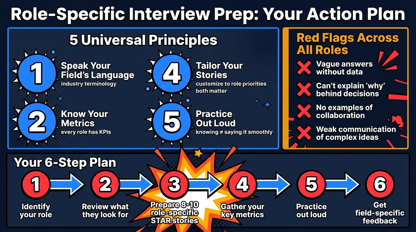 Role-Specific Interview Prep Action Plan infographic. 5 Universal Principles: 1. Speak your field's language — use industry terminology. 2. Know your metrics — every role has KPIs. 3. Balance technical and behavioral — both matter. 4. Tailor your stories — customize to role priorities. 5. Practice out loud — knowing does not equal saying it smoothly. Red flags across all roles: vague answers without data, can't explain why behind decisions, no examples of collaboration, weak communication of complex ideas. Your 6-step plan: identify your role, review what they look for, prepare 8-10 role-specific STAR stories, gather key metrics, practice out loud, get field-specific feedback.