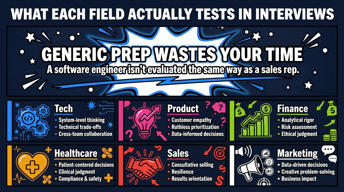 What Each Field Actually Tests in Interviews infographic. Generic prep wastes your time — each role has different evaluation criteria. Tech: system-level thinking, technical trade-offs, cross-team collaboration. Product Management: customer empathy, ruthless prioritization, data-informed decisions. Finance: analytical rigor, risk assessment, ethical judgment. Healthcare: patient-centered decisions, clinical judgment, compliance and safety. Sales: consultative selling, resilience, results orientation. Marketing: data-driven decisions, creative problem-solving, business impact.