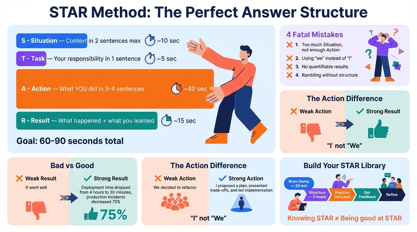 STAR Method Perfect Answer Structure infographic. S-Situation: Context in 2 sentences max (~10 seconds). T-Task: Your responsibility in 1 sentence (~5 seconds). A-Action: What YOU did in 3-4 sentences (~40 seconds, the bulk of your answer). R-Result: What happened plus what you learned (~15 seconds). Goal is 60-90 seconds total. Four fatal mistakes: too much Situation not enough Action, using 'we' instead of 'I', no quantifiable results, and rambling without structure. Bad vs Good examples showing specificity matters. Build your STAR library in 5 steps: Brain Dump (30 min), Structure (2 hours), Practice Out Loud, Get Feedback, Refine. Knowing STAR does not equal being good at STAR.