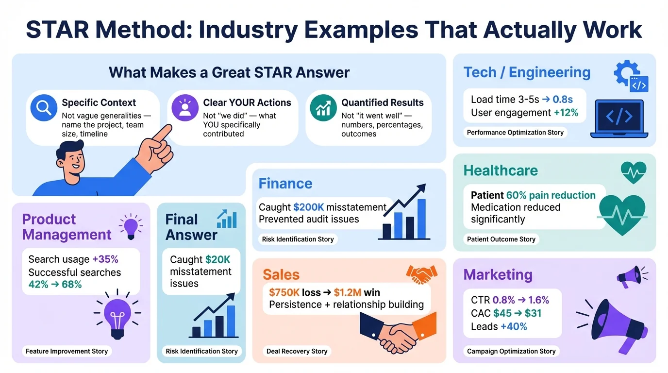 STAR Method Industry Examples infographic showing what makes great STAR answers across 6 fields. Three principles: specific context (not vague), clear YOUR actions (not 'we'), quantified results (not 'it went well'). Tech/Engineering: load time reduced from 3-5 seconds to 0.8 seconds, user engagement increased 12%. Product Management: search usage increased 35%, successful searches improved from 42% to 68%. Finance: caught $200K revenue misstatement, prevented audit issues. Healthcare: patient achieved 60% pain reduction, medication reduced significantly. Sales: turned $750K loss into $1.2M win through persistence and relationship maintenance. Marketing: CTR improved from 0.8% to 1.6%, CAC dropped from $45 to $31, leads exceeded target by 40%.